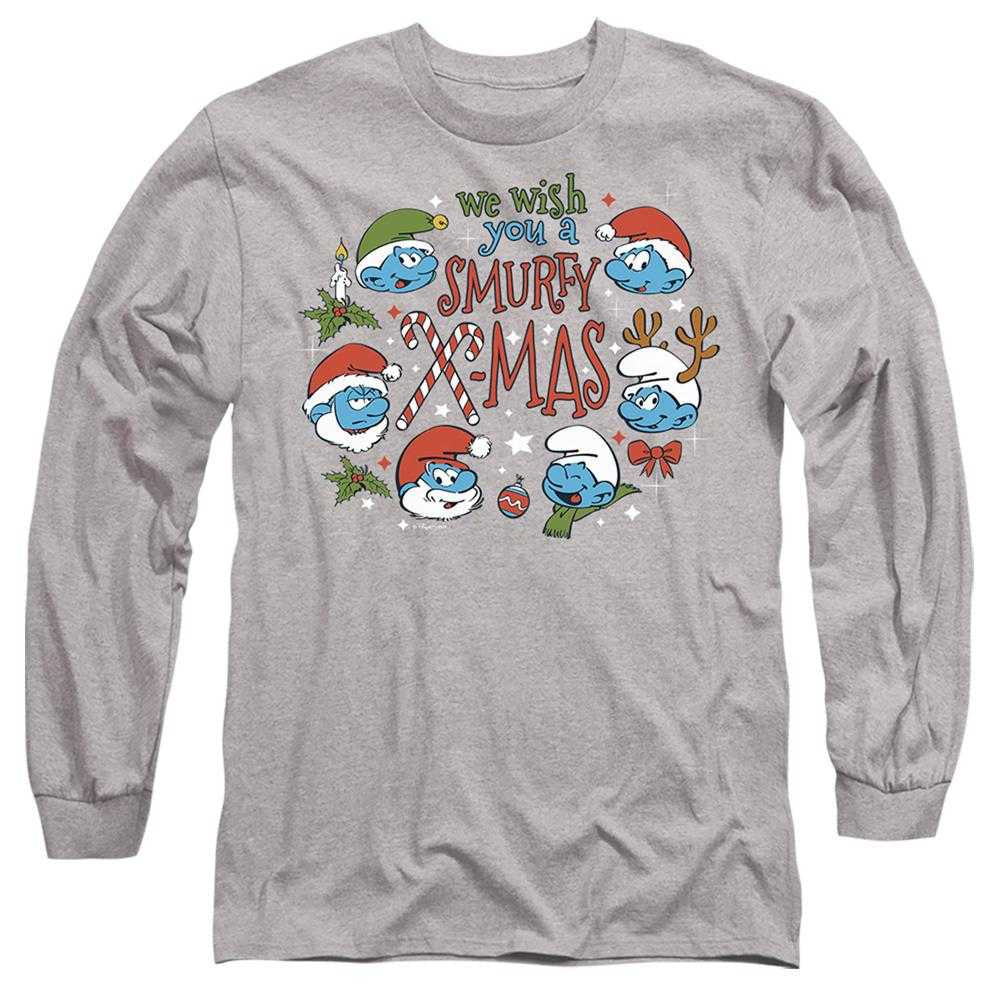 Athletic Heather - Front - The Smurfs Unisex Adult We Wish You A Smurfy Christmas Heather Long-Sleeved T-Shirt