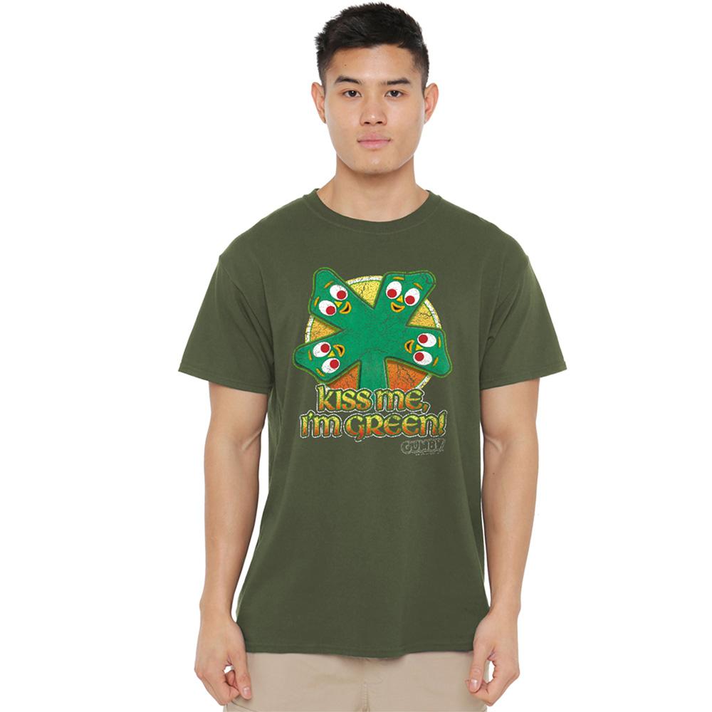Military Green - Back - Gumby Unisex Adult Kiss Me I´m Green T-Shirt