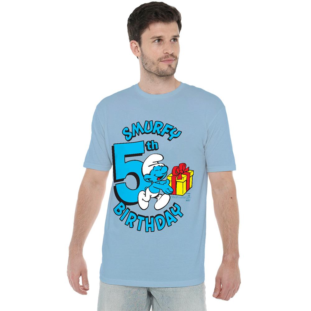 Light Blue - Back - The Smurfs Unisex Adult Smurfy 5th Birthday T-Shirt