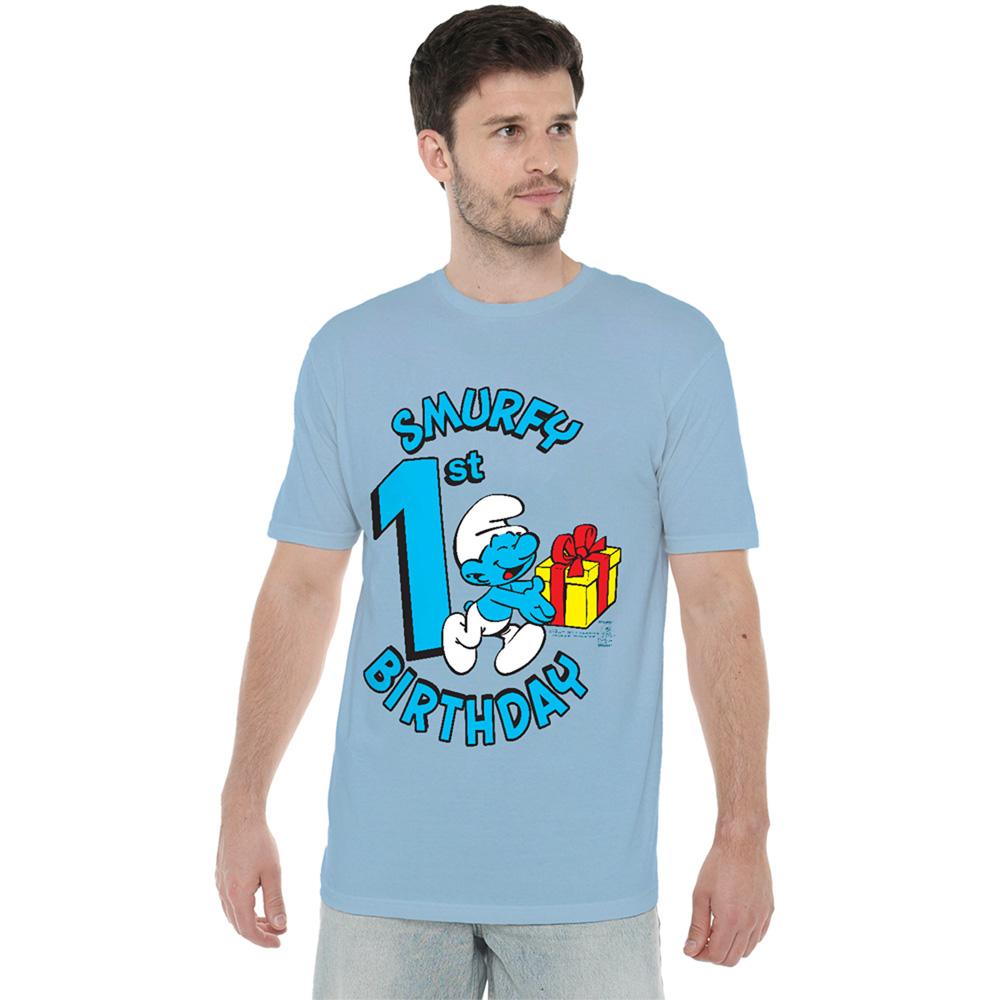 Light Blue - Back - The Smurfs Unisex Adult Smurfy 1st Birthday T-Shirt