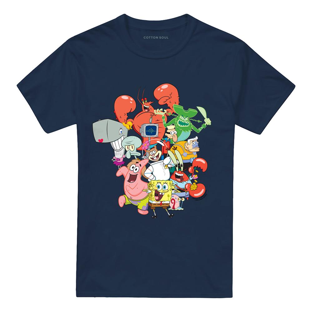 Navy - Front - SpongeBob SquarePants Unisex Adult The Whole Gang T-Shirt