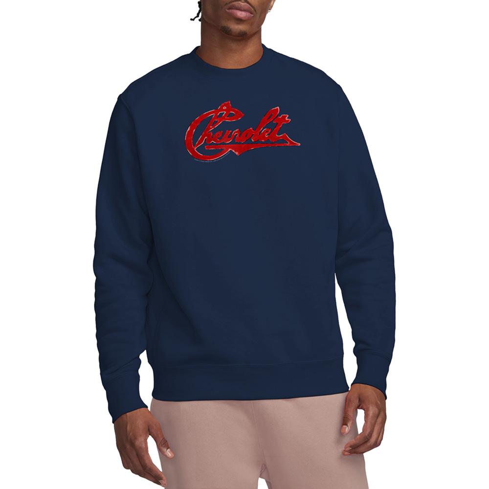 Navy - Side - Chevrolet Unisex Adult Script Distressed Sweatshirt