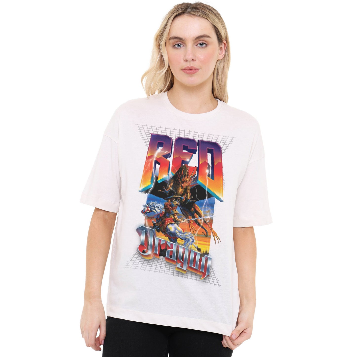 Vintage White - Side - Dungeons & Dragons Womens-Ladies Red Dragon Oversized T-Shirt