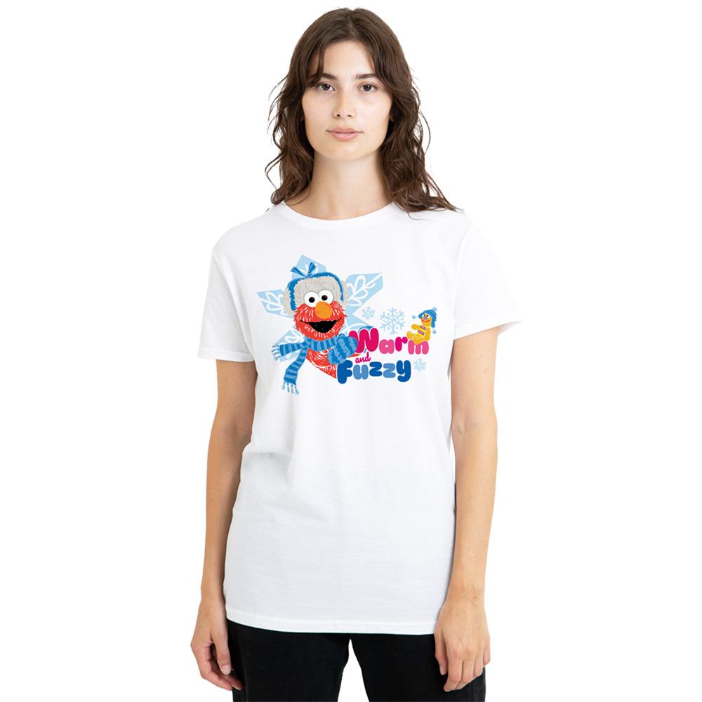 White - Lifestyle - Sesame Street Womens-Ladies Warm And Fuzzy Holiday Elmo T-Shirt