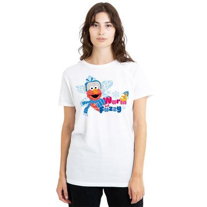 White - Lifestyle - Sesame Street Womens-Ladies Warm And Fuzzy Holiday Elmo T-Shirt