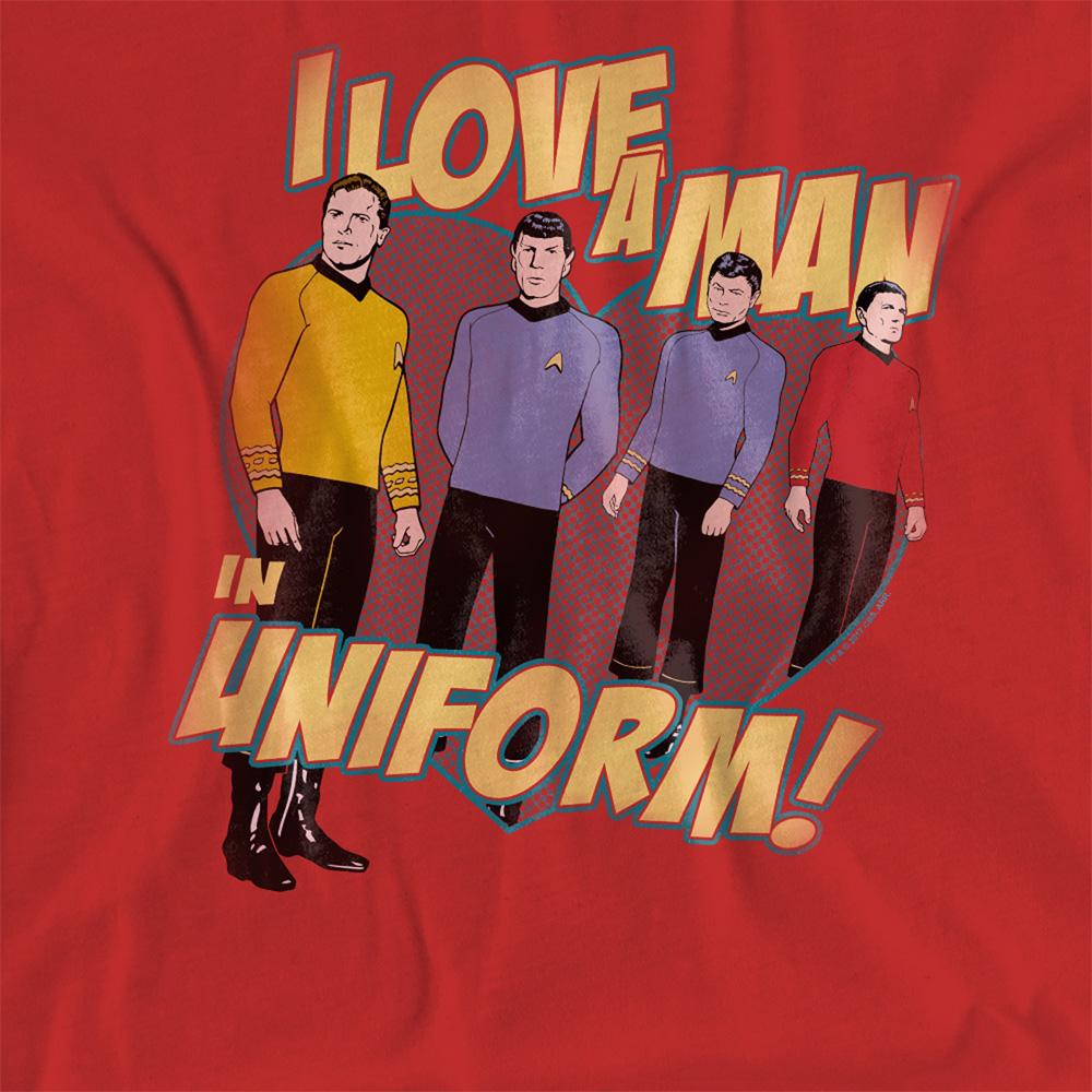 Red - Side - Star Trek Womens-Ladies Man in Uniform T-Shirt