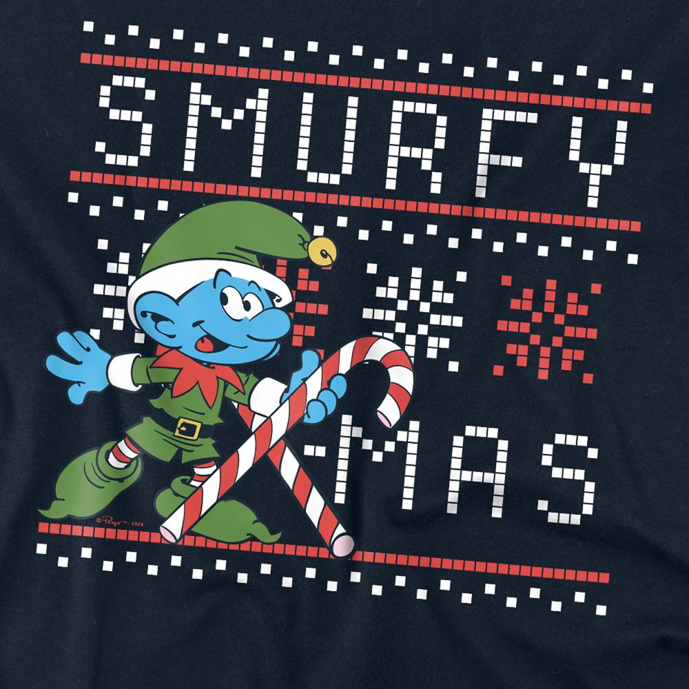 Navy - Side - The Smurfs Unisex Adult Smurfy Christmas Candy Cane Long-Sleeved T-Shirt