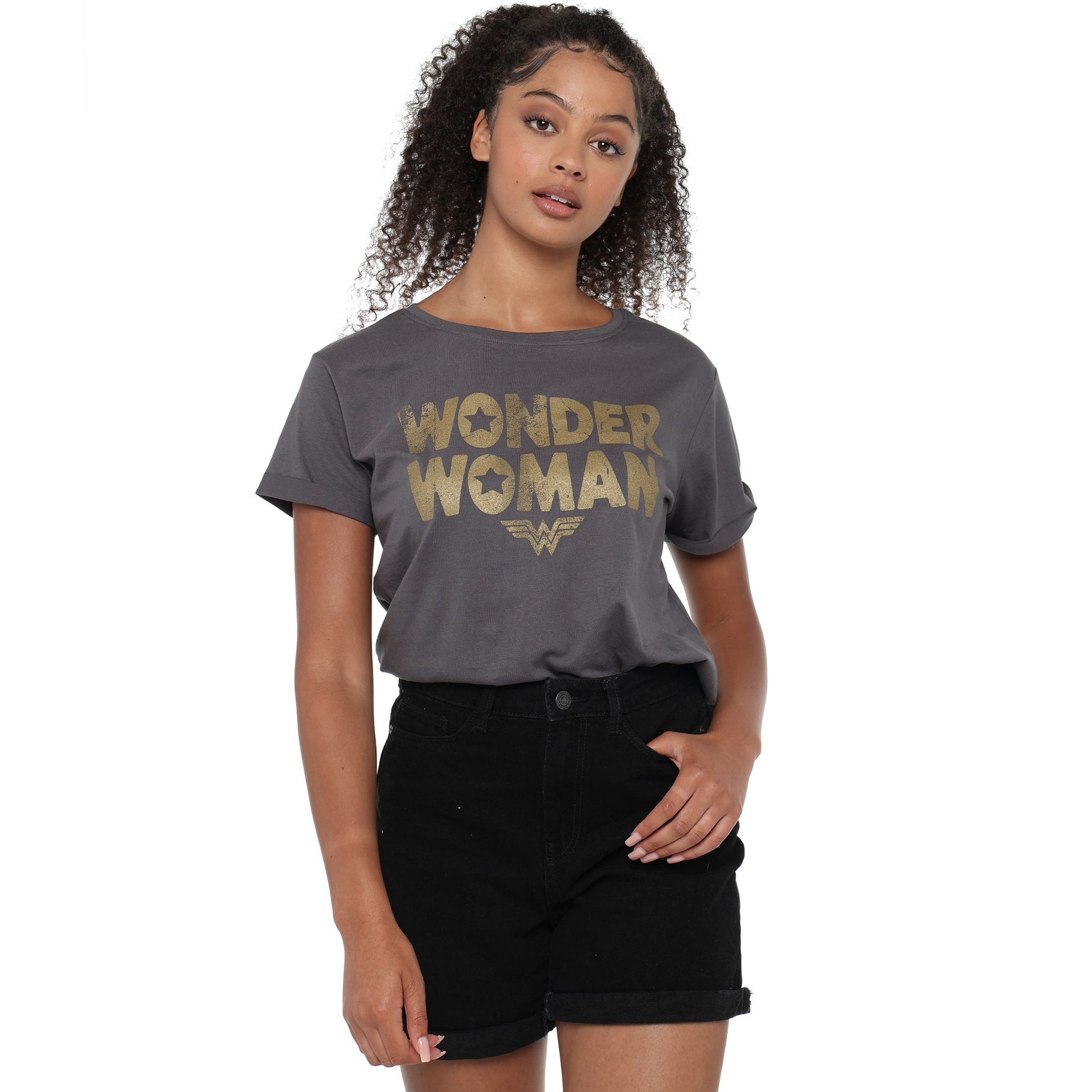 Dark Charcoal - Side - Wonder Woman Womens-Ladies Metallic Logo T-Shirt