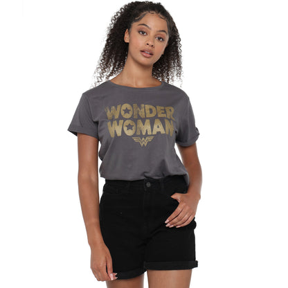 Dark Charcoal - Side - Wonder Woman Womens-Ladies Metallic Logo T-Shirt