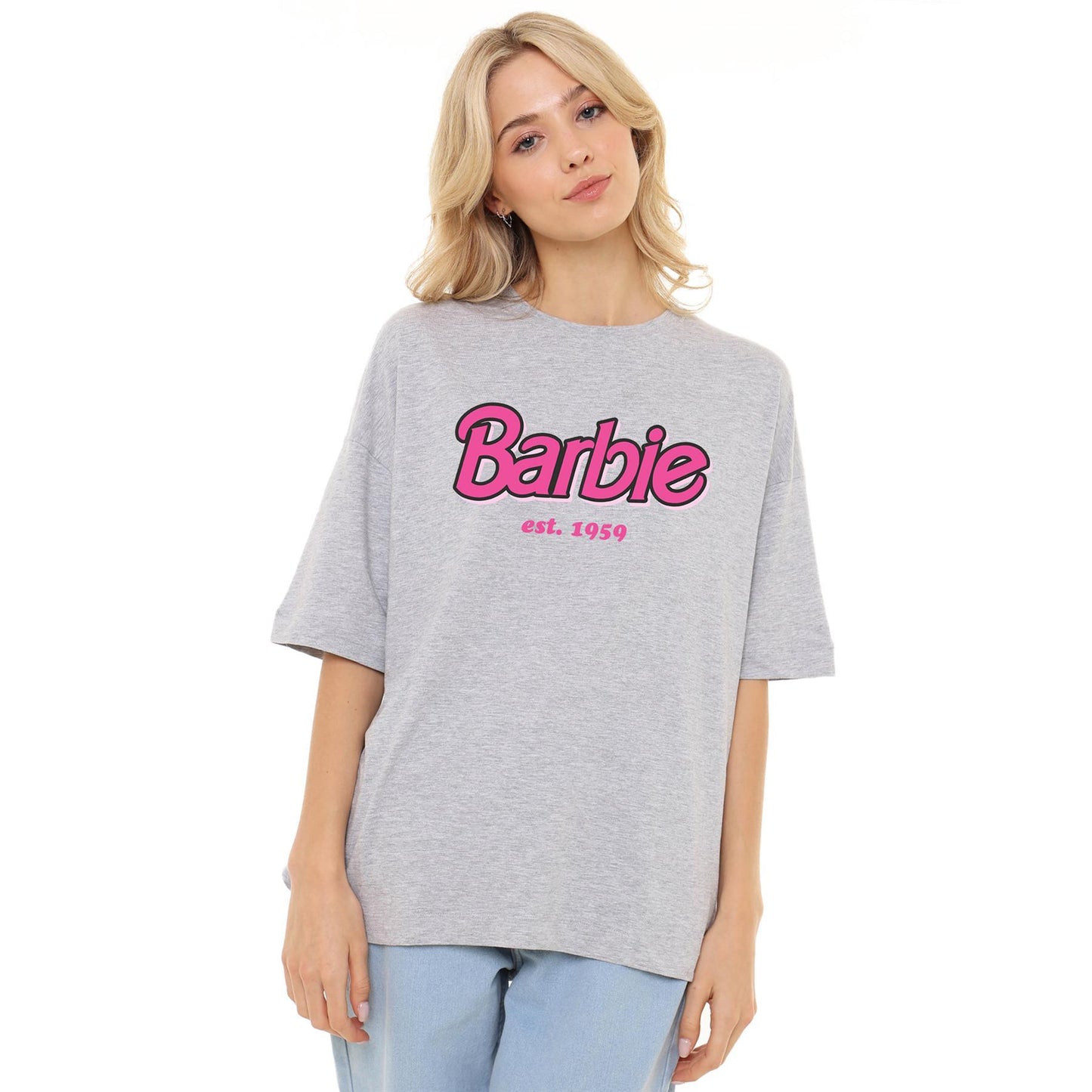 Heather Grey - Side - Barbie Womens-Ladies Established 1959 Oversized T-Shirt