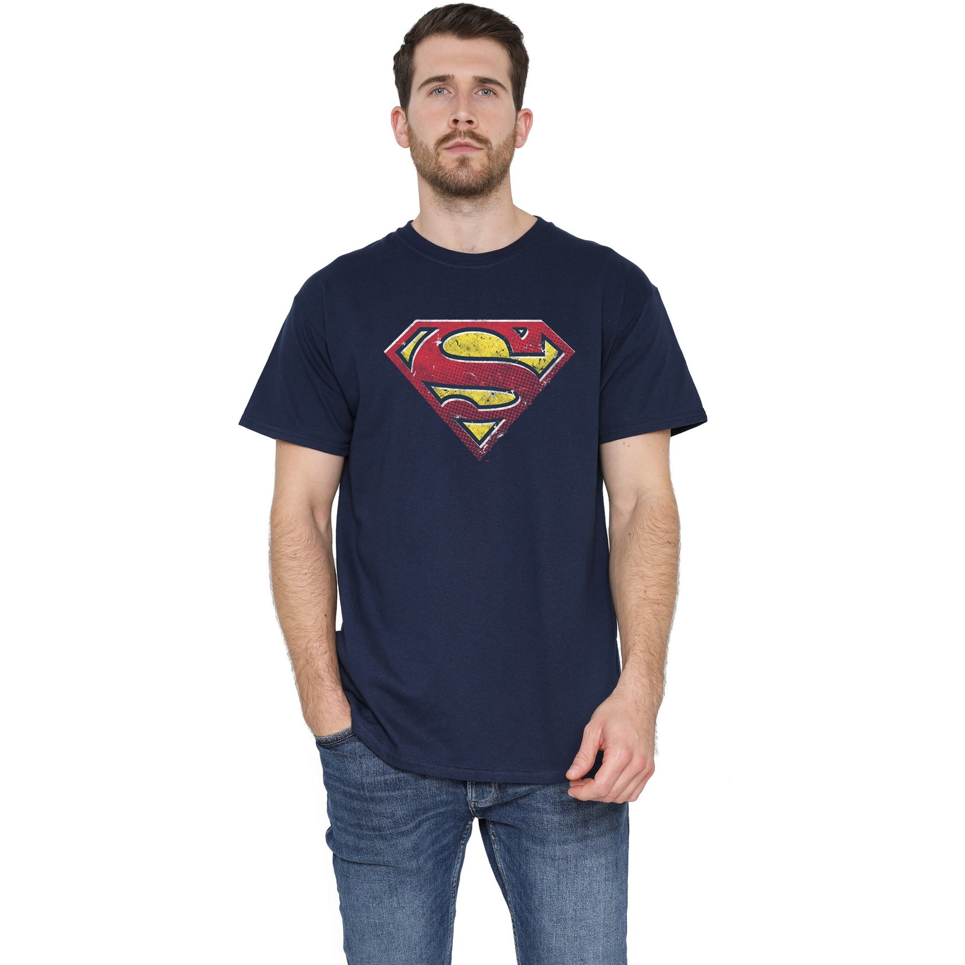 Navy - Side - Superman Mens Pop Art Logo T-Shirt