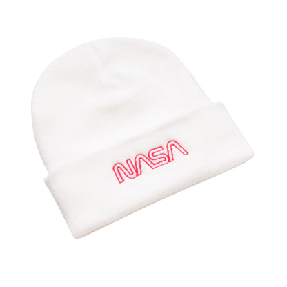 White - Side - NASA Mens Outline Logo Beanie
