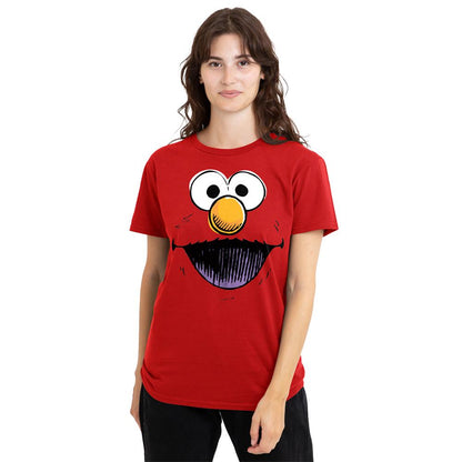 Red - Back - Sesame Street Womens-Ladies Retro Elmo Sketch Face T-Shirt