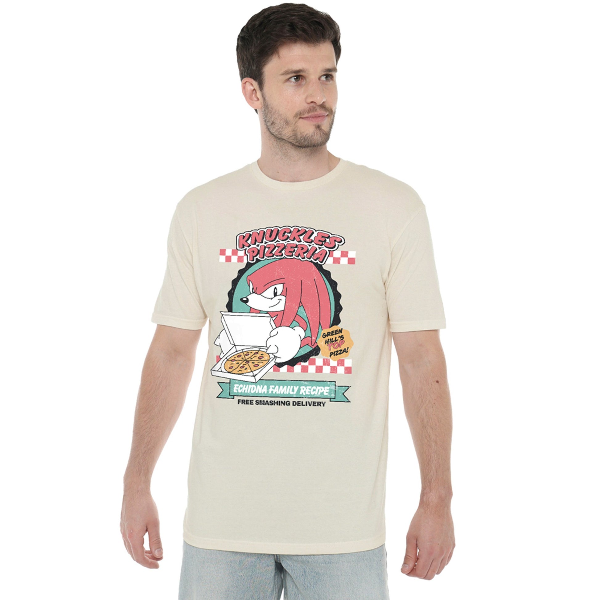 Natural - Side - Sonic The Hedgehog Mens Knuckles Pizza T-Shirt