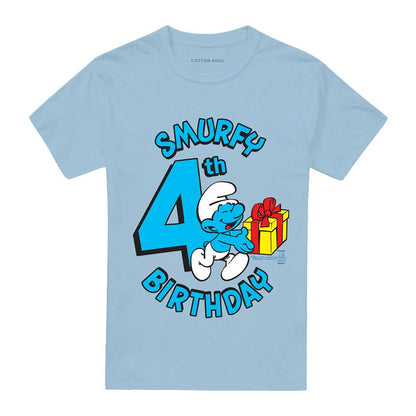 Light Blue - Front - The Smurfs Unisex Adult Smurfy 4th Birthday T-Shirt