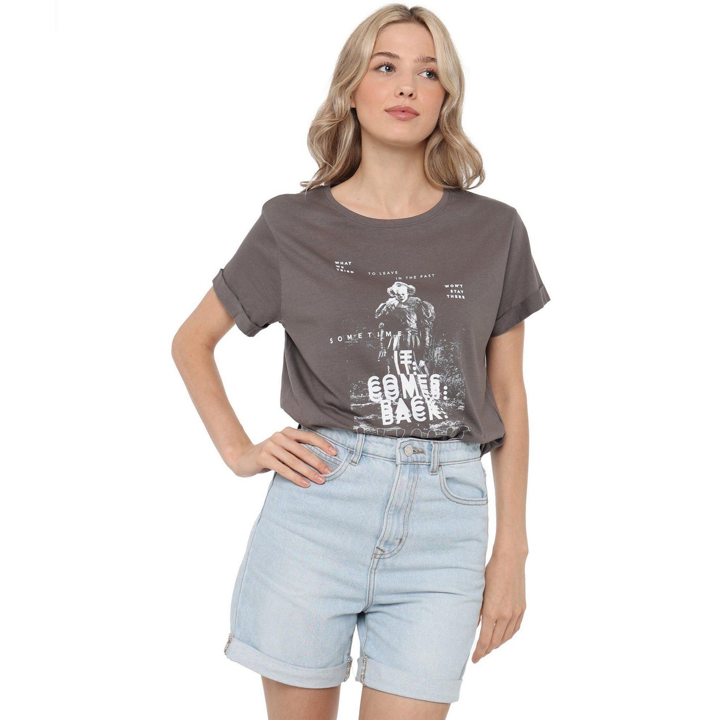 Charcoal - Side - It Womens-Ladies It Comes Back Roll Sleeve T-Shirt