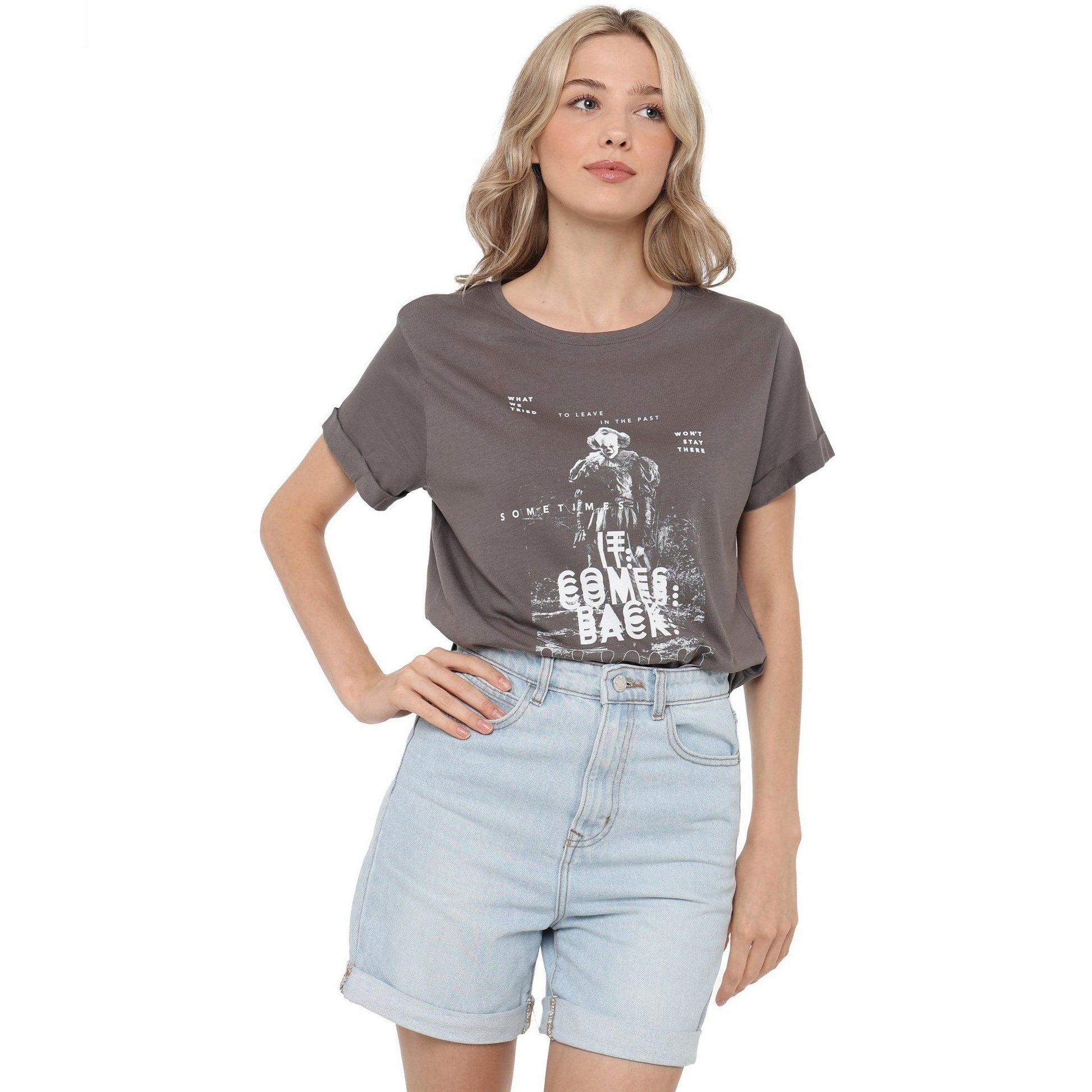 Charcoal - Side - It Womens-Ladies It Comes Back Roll Sleeve T-Shirt