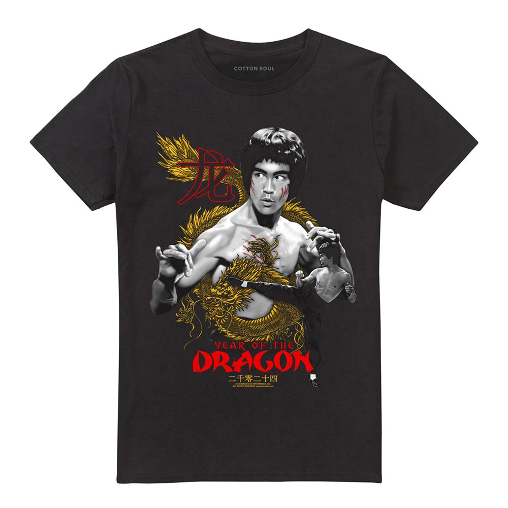 Black - Front - Bruce Lee Unisex Adult Golden Year Of The Dragon T-Shirt
