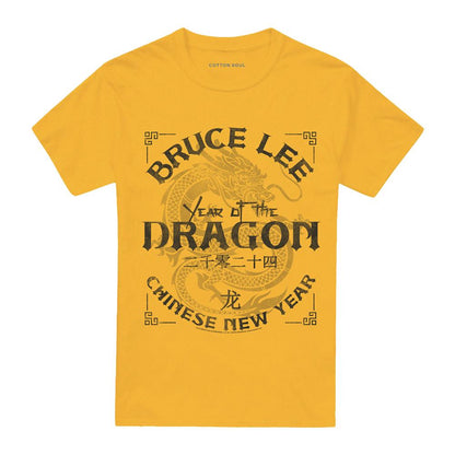 Gold - Front - Bruce Lee Unisex Adult Year Of The Dragon Text T-Shirt