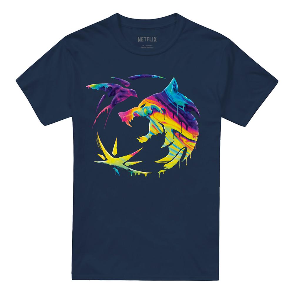 Navy - Front - The Witcher Unisex Adult Painted Crest Rainbow T-Shirt