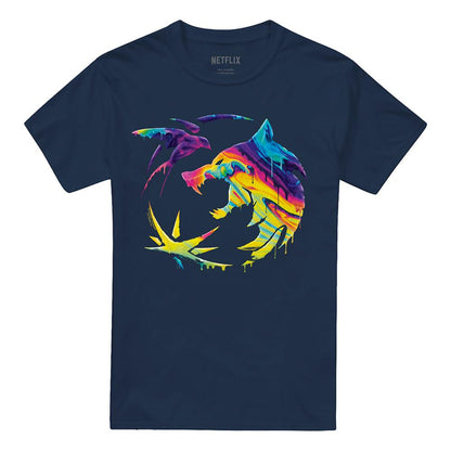 Navy - Front - The Witcher Unisex Adult Painted Crest Rainbow T-Shirt