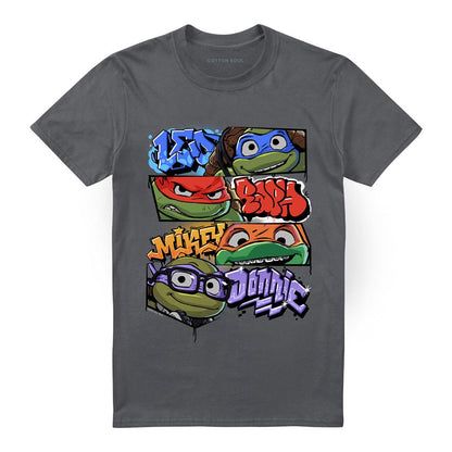 Charcoal - Front - Teenage Mutant Ninja Turtles: Mutant Mayhem Unisex Adult Names Graffiti T-Shirt
