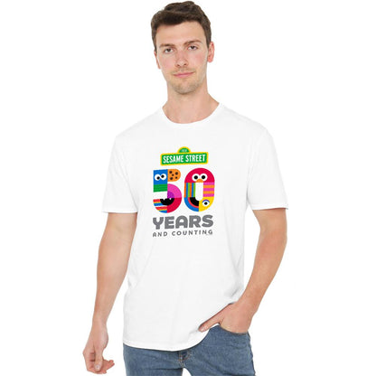 White - Side - Sesame Street Unisex Adult 50 Years Logo T-Shirt