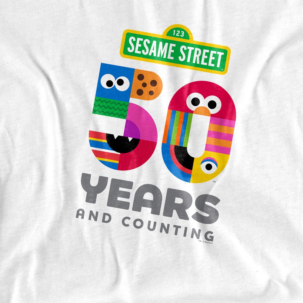 White - Pack Shot - Sesame Street Unisex Adult 50 Years Logo T-Shirt