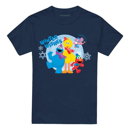 Navy - Front - Sesame Street Unisex Adult Winter Wishes T-Shirt