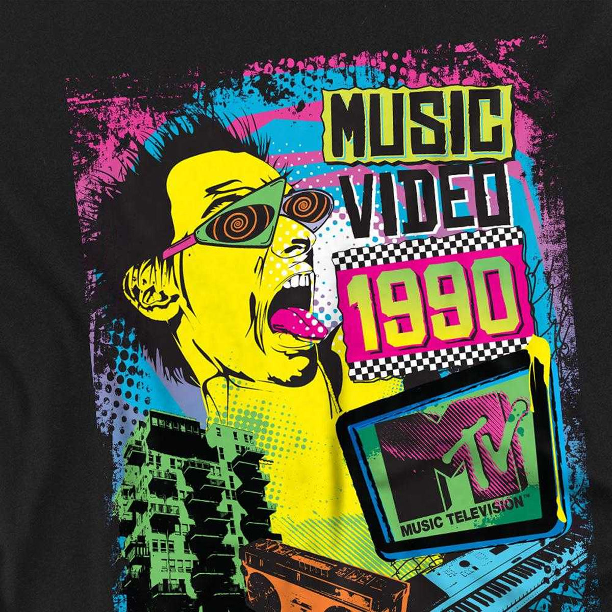 Black - Side - MTV Unisex Adult Neon Rocker Logo T-Shirt