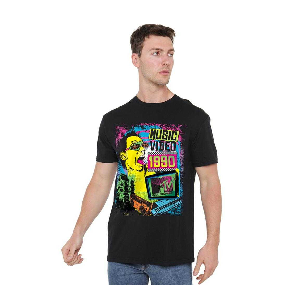 Black - Lifestyle - MTV Unisex Adult Neon Rocker Logo T-Shirt