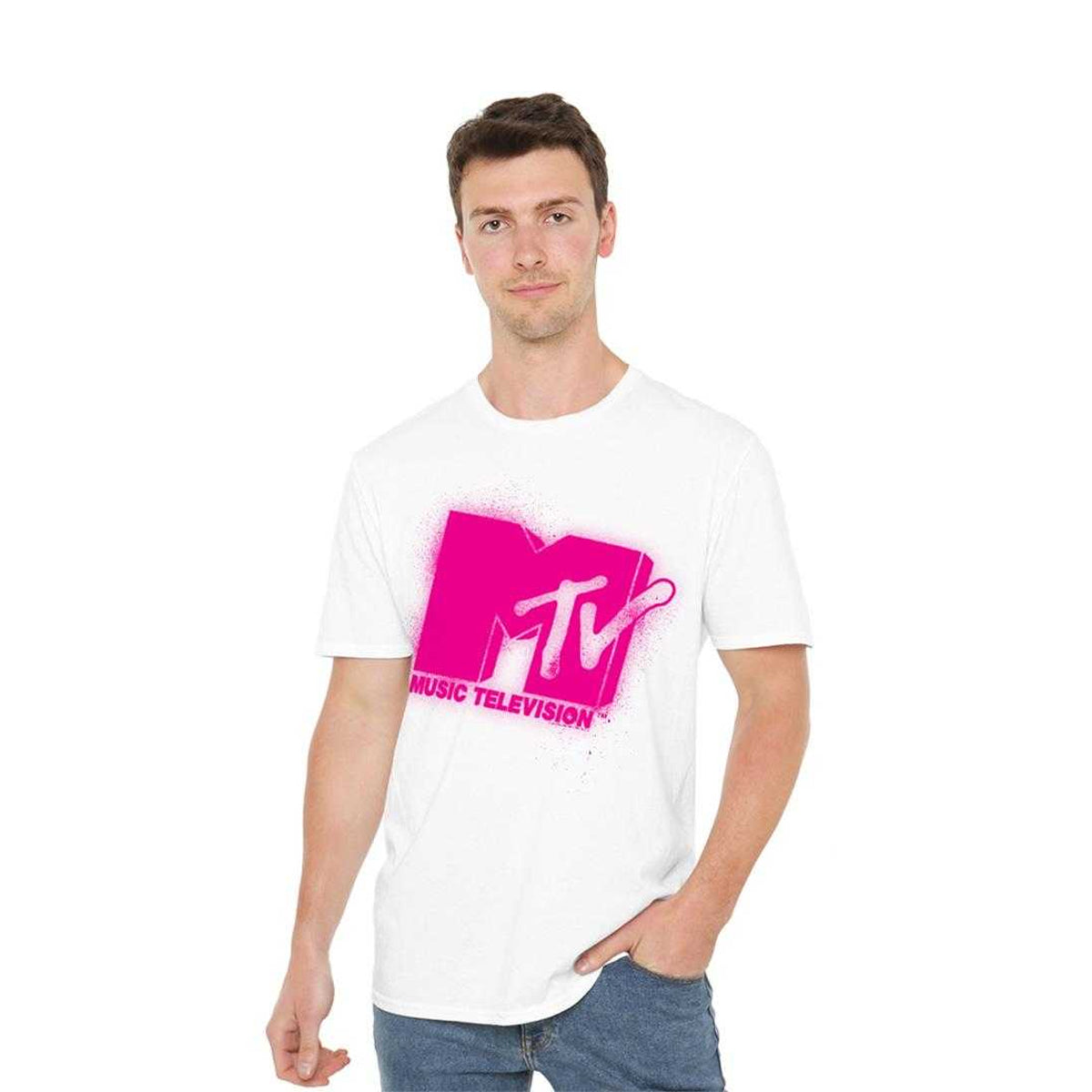 White - Lifestyle - MTV Unisex Adult Spray Paint Logo T-Shirt