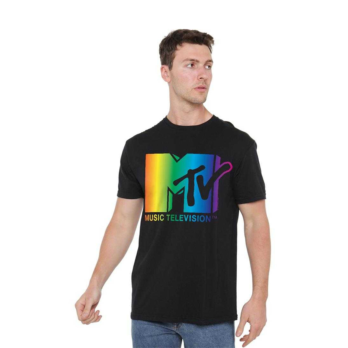 Black - Lifestyle - MTV Unisex Adult Rainbow Logo T-Shirt
