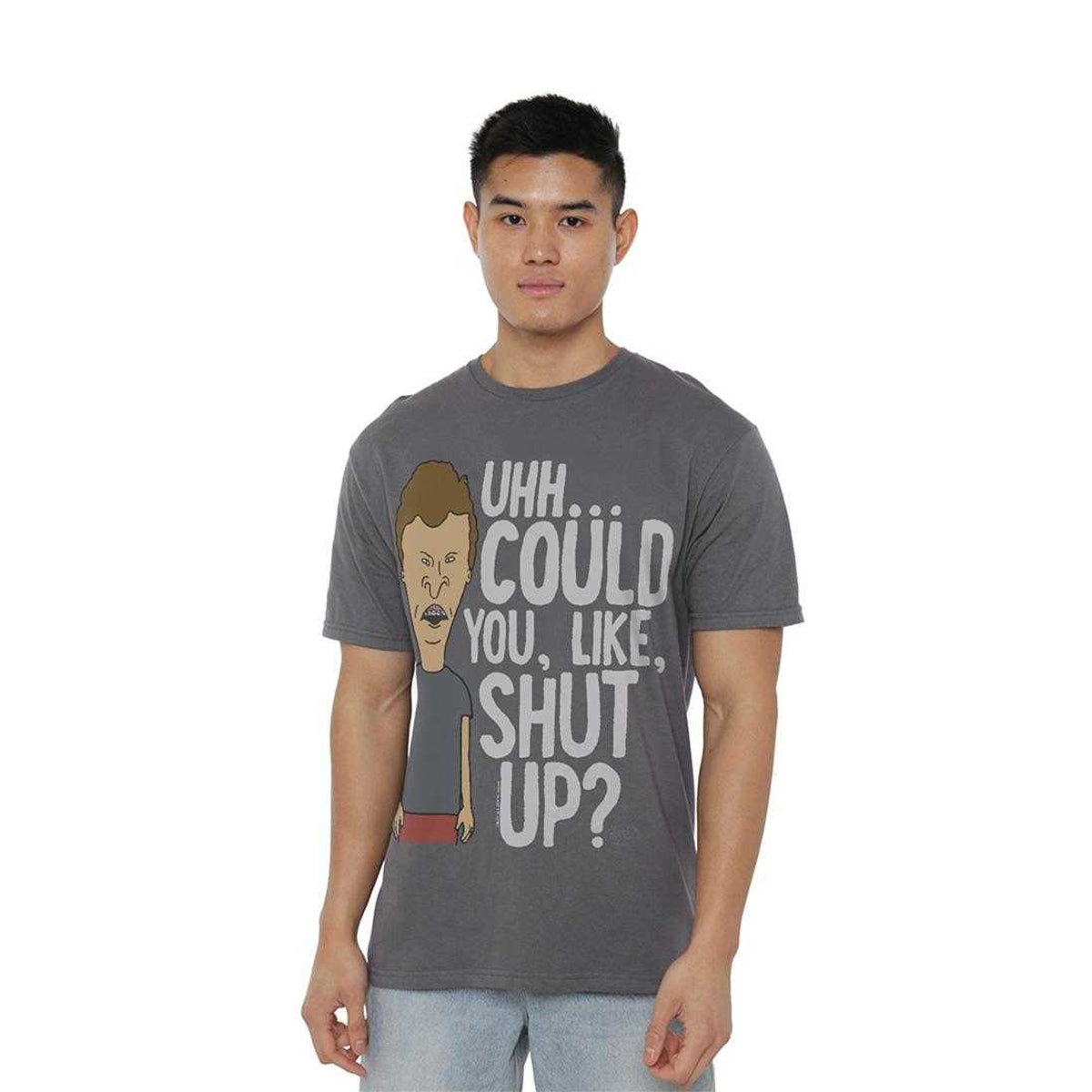 Charcoal - Lifestyle - Beavis & Butthead Unisex Adult Could You Like Shut Up? T-Shirt