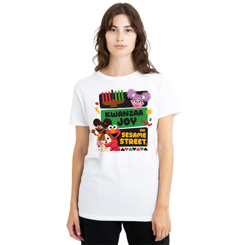 White - Lifestyle - Sesame Street Womens-Ladies Kwanzaa Joy Gabrielle And Elmo T-Shirt