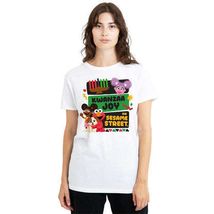 White - Lifestyle - Sesame Street Womens-Ladies Kwanzaa Joy Gabrielle And Elmo T-Shirt