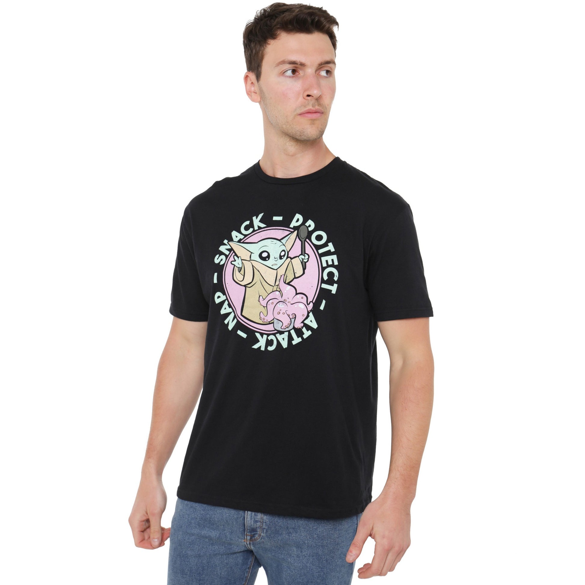 Black - Side - Star Wars Mandalorian Mens Protect - Attack - Nap - Snack Grogu T-Shirt