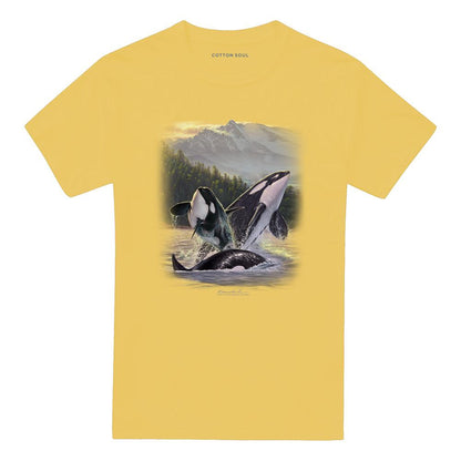 Banana Yellow - Front - Wildlife Unisex Adult Breaching Orcas T-Shirt