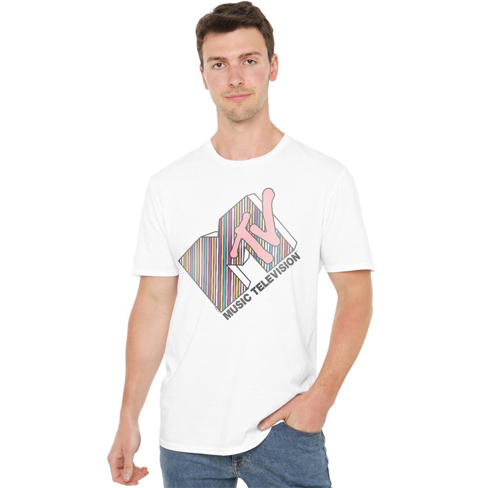 White - Lifestyle - MTV Unisex Adult Striped Logo T-Shirt