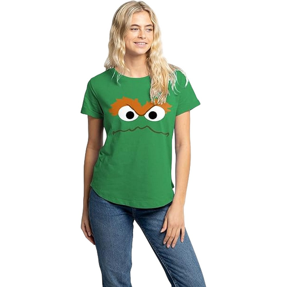 Irish Green - Side - Sesame Street Womens-Ladies Oscar The Grouch Face T-Shirt