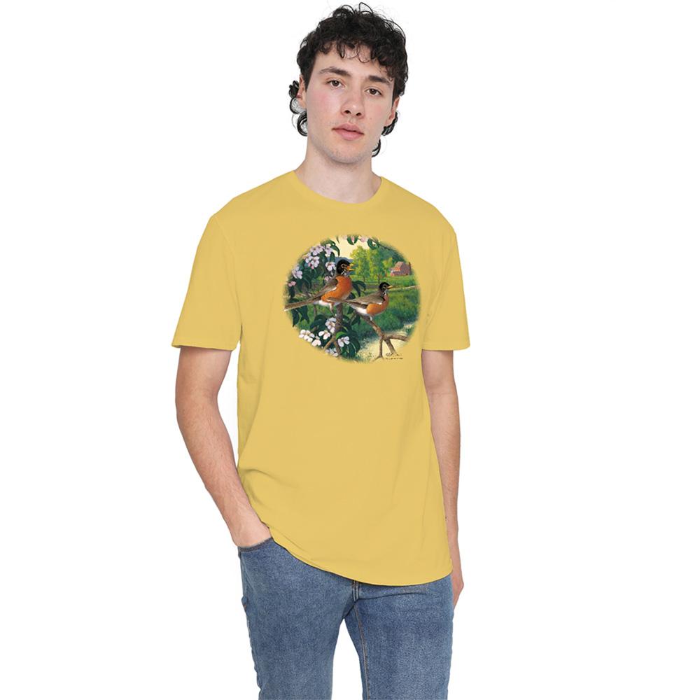 Banana Yellow - Back - Wildlife Unisex Adult Apple Blossom Time Robin T-Shirt