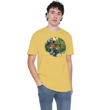 Banana Yellow - Back - Wildlife Unisex Adult Apple Blossom Time Robin T-Shirt