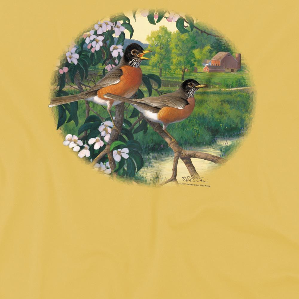 Banana Yellow - Side - Wildlife Unisex Adult Apple Blossom Time Robin T-Shirt