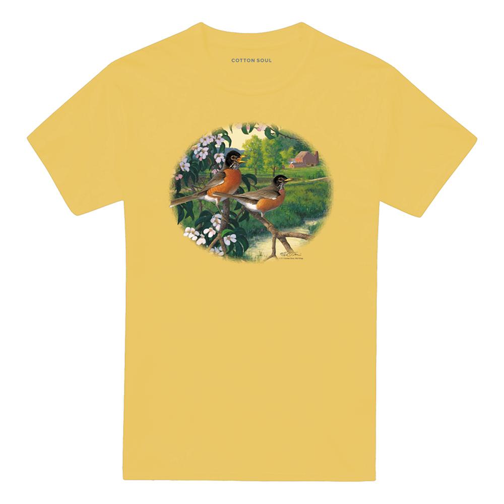 Banana Yellow - Front - Wildlife Unisex Adult Apple Blossom Time Robin T-Shirt