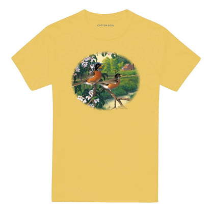 Banana Yellow - Front - Wildlife Unisex Adult Apple Blossom Time Robin T-Shirt