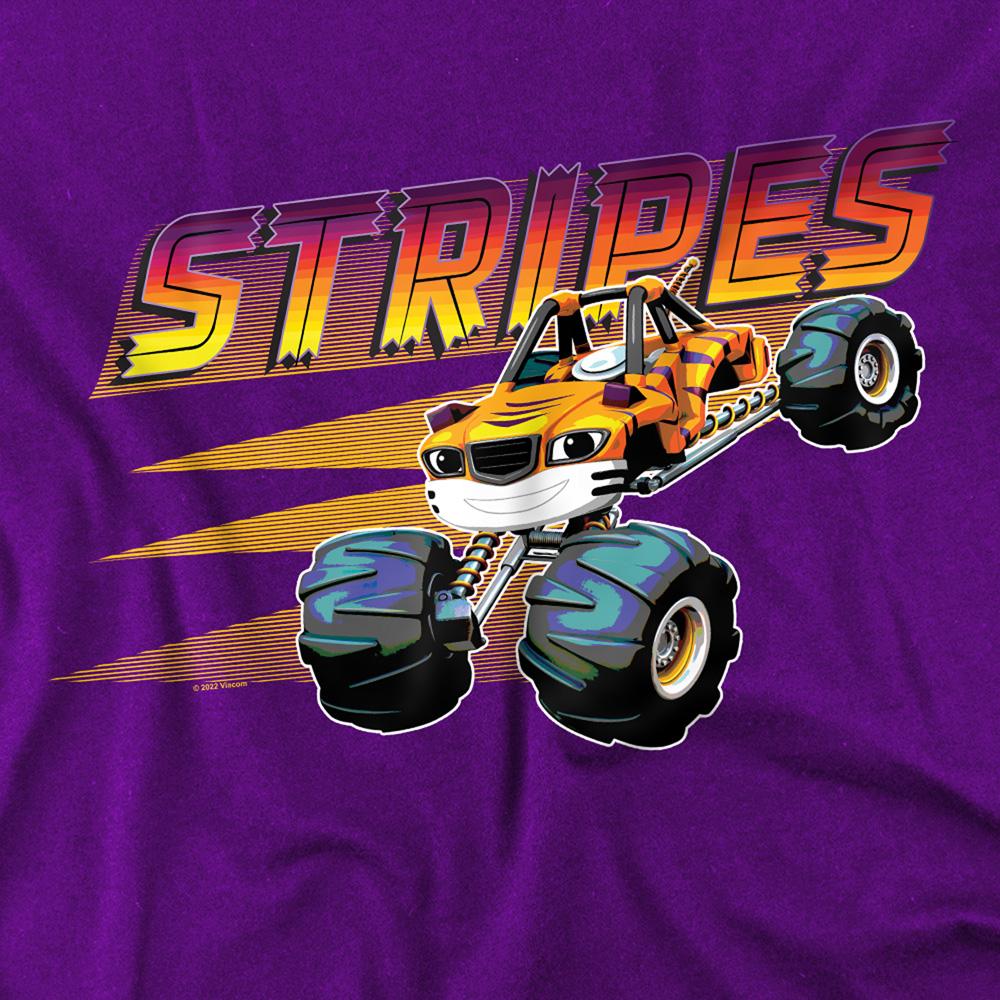Purple - Side - Blaze & The Monster Machines Unisex Adult Stripes Badge T-Shirt