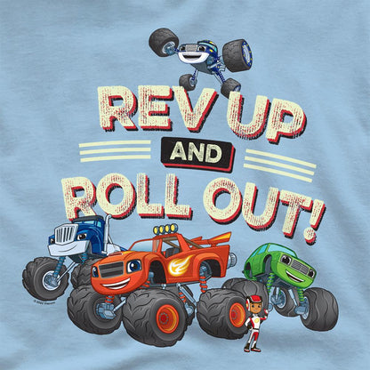 Light Blue - Side - Blaze & The Monster Machines Unisex Adult Rev Up And Roll Out! T-Shirt
