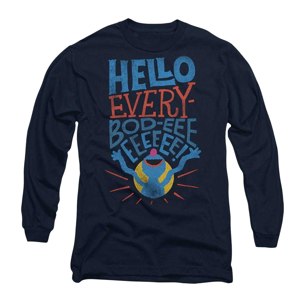 Navy - Front - Sesame Street Unisex Adult Hello Everybody Grover Long-Sleeved T-Shirt