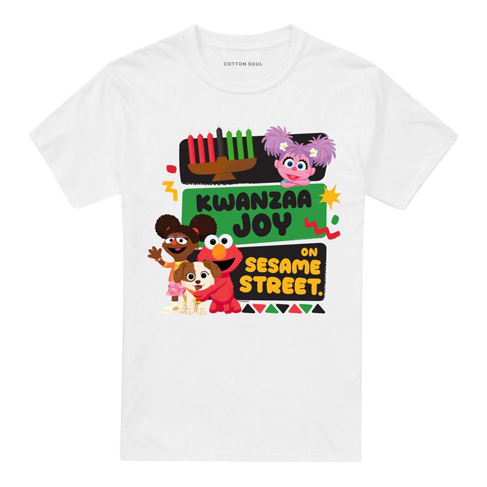 White - Front - Sesame Street Unisex Adult Kwanzaa Joy Gabrielle And Elmo T-Shirt