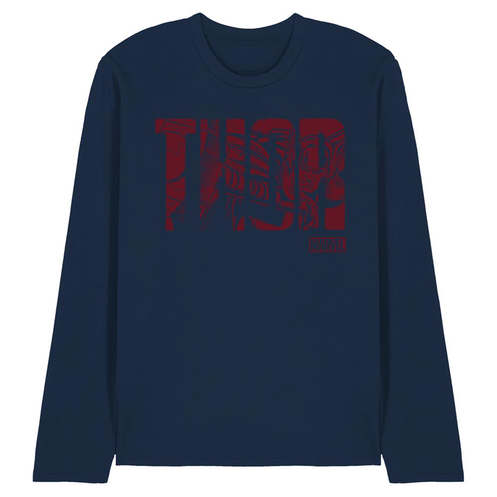 Navy - Front - Marvel Unisex Adult Thor Text Long-Sleeved T-Shirt